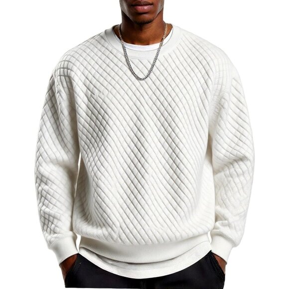 Coofandy Men White Crewneck Geometric Texture Long Sleeve Sweatshirt - Picture 1 of 5